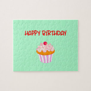 Happy Birthday Delicious Cupcake on Green Jigsaw Puzzle
