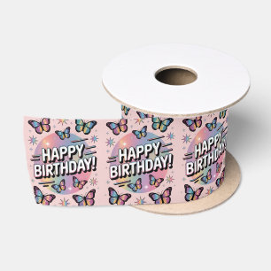 Happy Birthday Design with Colorful Butterflies Satin Ribbon