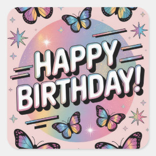 Happy Birthday Design with Colorful Butterflies Square Sticker