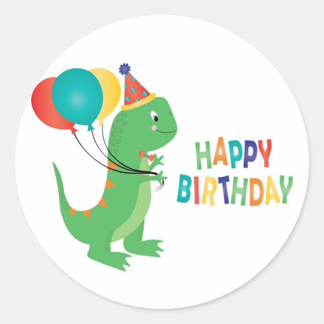 Happy Birthday Dinosaur Balloons Classic Round Sticker (Front)