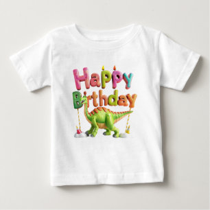 Happy Birthday Dinosaur – Cute Dino with Balloon  Baby T-Shirt