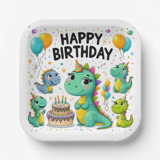 Happy Birthday Dinosaurs Paper Plate (Front)