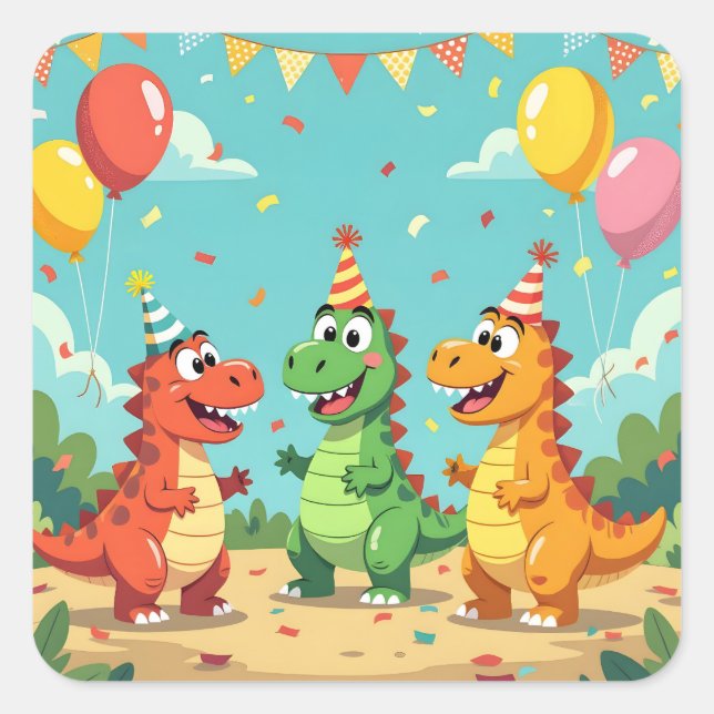 Happy birthday dinosaurs theme square sticker (Front)