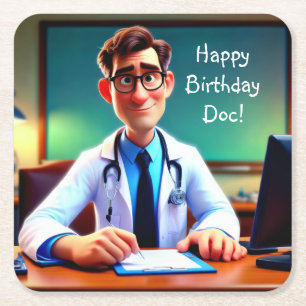 Happy Birthday Doc Square Paper Coaster