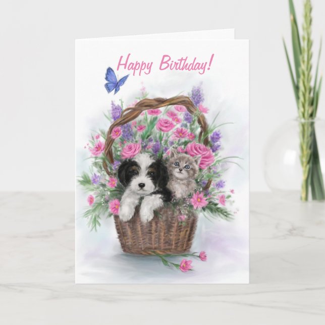 Happy Birthday, Dog and Cat in the flower basket. Card (Front)