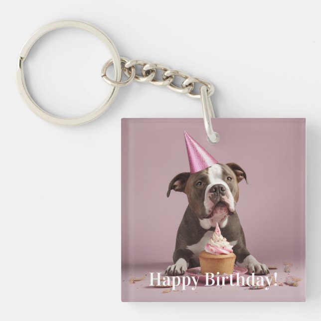 Happy Birthday! Dog eating cake  Key Ring (Front)