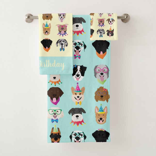Happy Birthday Dog Faces Pawty Animals Bath Towel Set (Insitu)