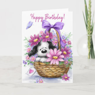 Happy Birthday, Dog in beautiful Flower basket. Card