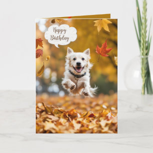 Happy Birthday Dog In Fall Leaves Card