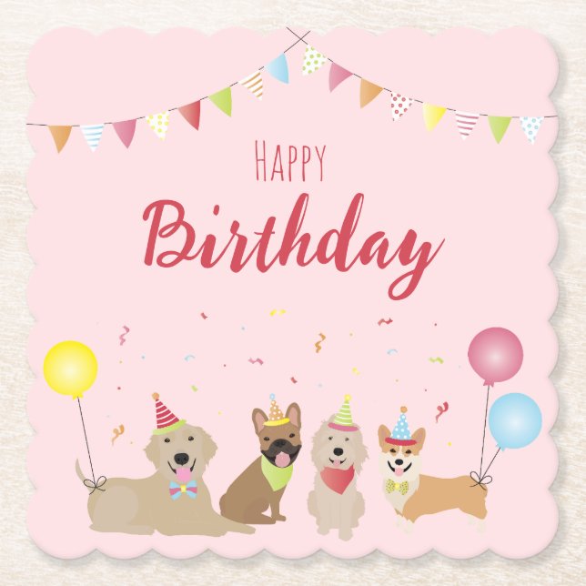 Happy Birthday Dog Party  Paper Coaster (Front)