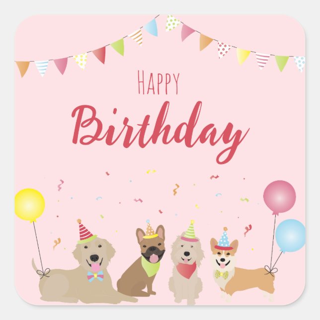 Happy Birthday Dog Party Square Sticker (Front)