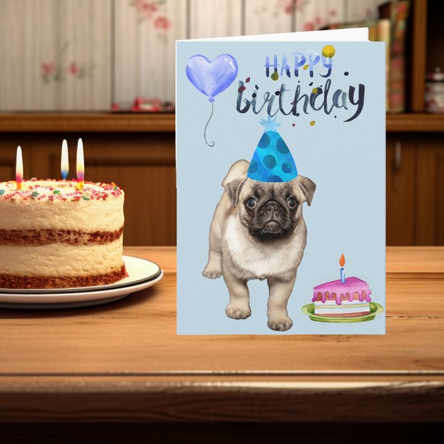 Happy Birthday Dog Pug Puppy Blank Watercolor Card (Creator Uploaded)