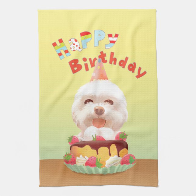 Happy Birthday Dog with Cake Tea Towel (Vertical)