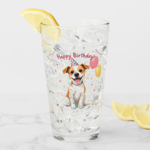Happy Birthday Dog with Party Hat & Balloons Glass