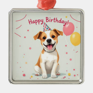Happy Birthday Dog with Party Hat & Balloons Metal Ornament