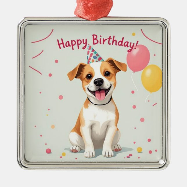 Happy Birthday Dog with Party Hat & Balloons Metal Ornament (Front)
