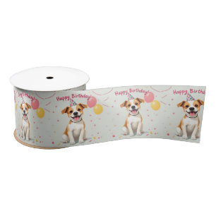 Happy Birthday Dog with Party Hat & Balloons Satin Ribbon