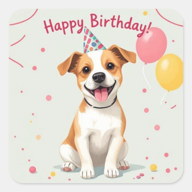 Happy Birthday Dog with Party Hat & Balloons Square Sticker (Front)