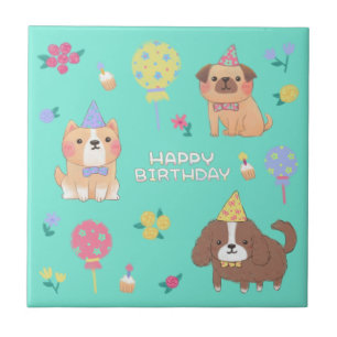 Happy Birthday: Dogs, Balloons & Flowers Ceramic Tile