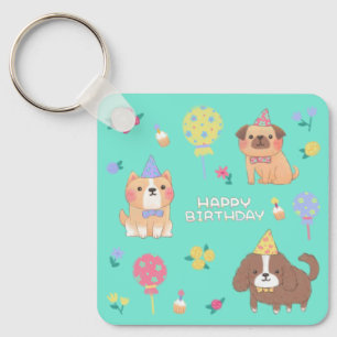 Happy Birthday: Dogs, Balloons & Flowers Key Ring