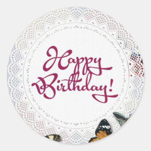 Happy Birthday Doily Butterflies Vintage Country Classic Round Sticker
