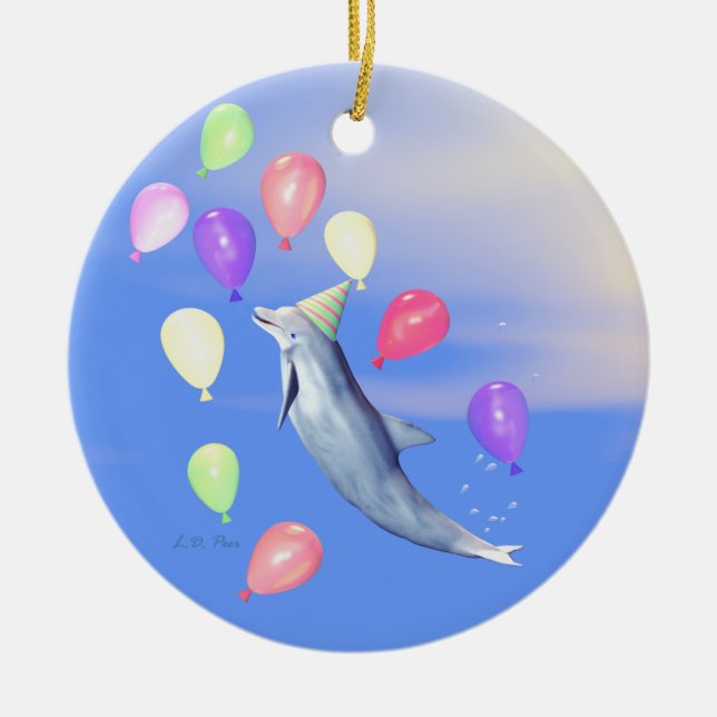 Happy Birthday Dolphin Ceramic Ornament (Front)