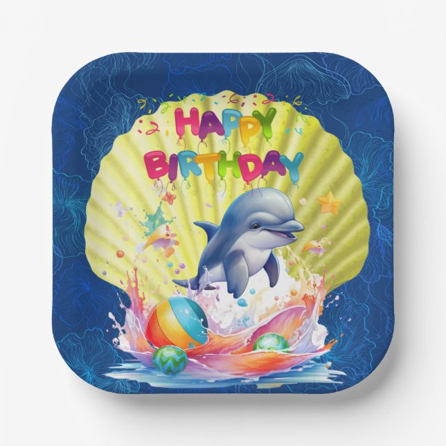  Happy Birthday Dolphin Paper Plate (Front)