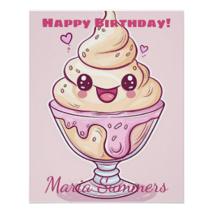 Happy Birthday Dondurma Ice-cream Kawaii Cartoon Poster