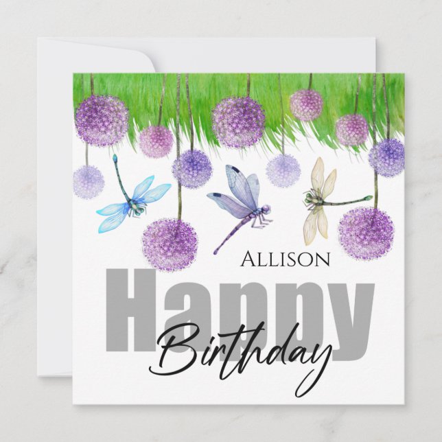 Happy Birthday Dragonflies Wild Flowers Watercolor Card (Front)