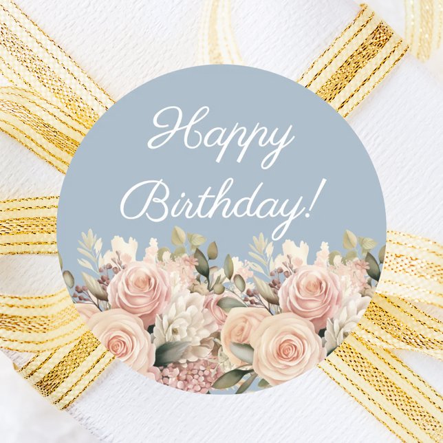 Happy Birthday dusty blue rose pink ivory Classic Round Sticker (Creator Uploaded)