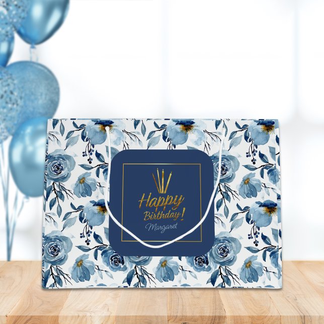 Happy Birthday Dusty Blue White Floral Name Large Gift Bag (Creator Uploaded)