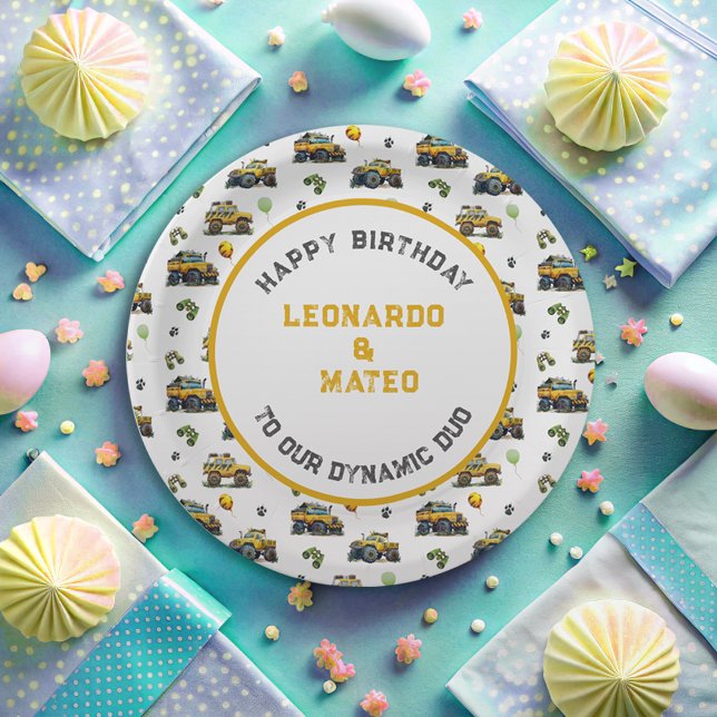 Happy Birthday Dynamic Duo Monster Truck Twin Boys Paper Plate (Creator Uploaded)