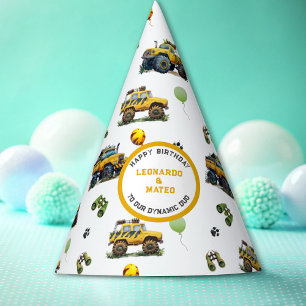 Happy Birthday Dynamic Duo Monster Truck Twin Boys Party Hat