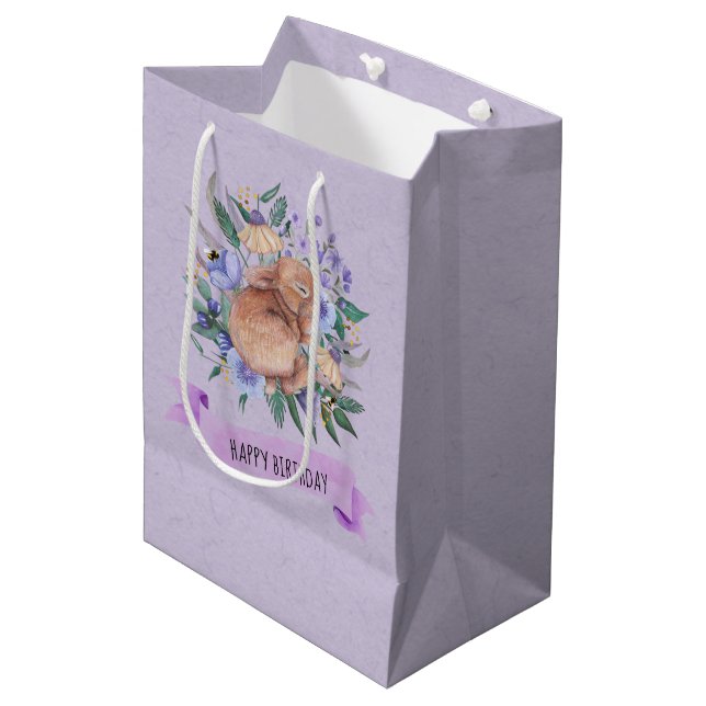 Happy Birthday Easter Bunny Purple Florals  Medium Gift Bag (Front Angled)