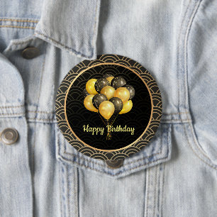 Happy Birthday, elegant black and gold, 10 Cm Round Badge