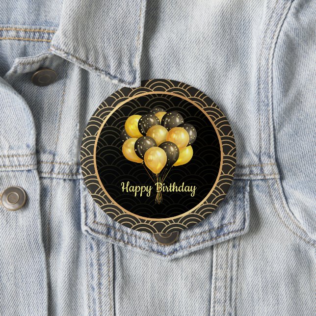 Happy Birthday, elegant black and gold, 10 Cm Round Badge (In Situ)