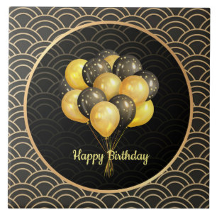 Happy Birthday, elegant black and gold, Ceramic Tile
