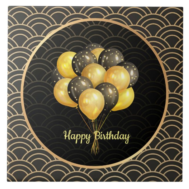 Happy Birthday, elegant black and gold, Ceramic Tile (Front)