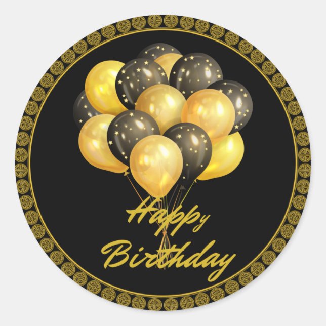 Happy Birthday, elegant black and gold, Classic Round Sticker (Front)