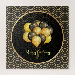Happy Birthday, elegant black and gold, Jigsaw Puzzle