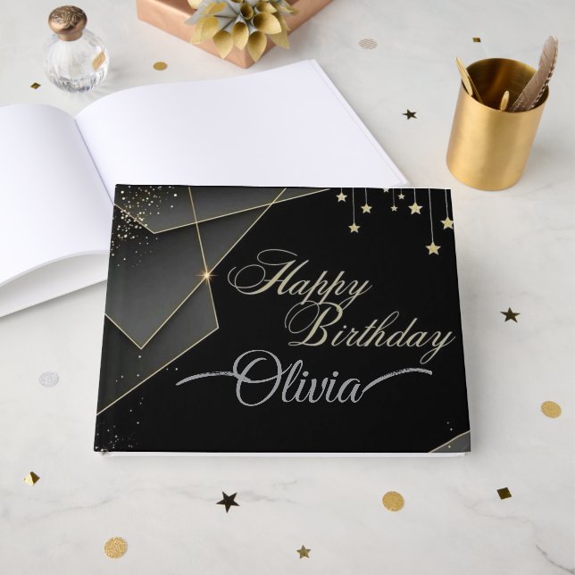 Happy Birthday– Elegant Black & Gold Birthday Guest Book (Front Open)