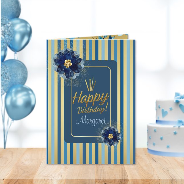 Happy Birthday Elegant Blue Gold Floral Customise  Card (Creator Uploaded)