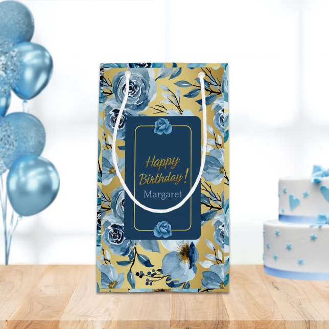 Happy Birthday Elegant Blue Rose Floral Customise Small Gift Bag (Creator Uploaded)