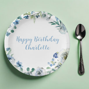 Happy Birthday Elegant Blue White Floral Party Paper Plate