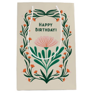Happy Birthday Elegant Floral Frame Medium Gift Bag