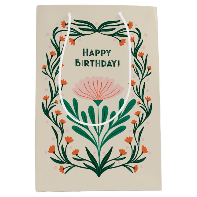 Happy Birthday Elegant Floral Frame Medium Gift Bag (Front)