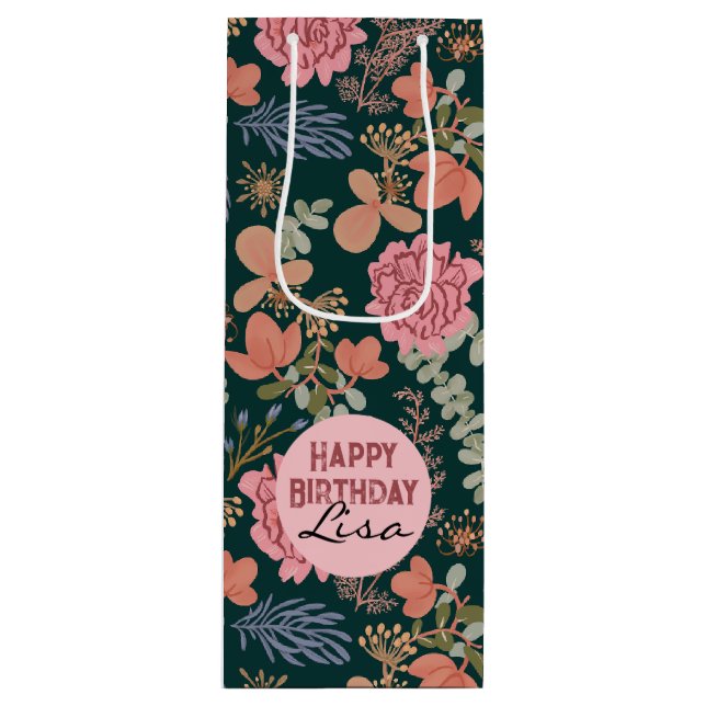 Happy Birthday elegant floral Rosé Wine   Wine Gift Bag (Front)