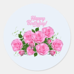 Happy Birthday Elegant Pink Roses  Classic Round Sticker