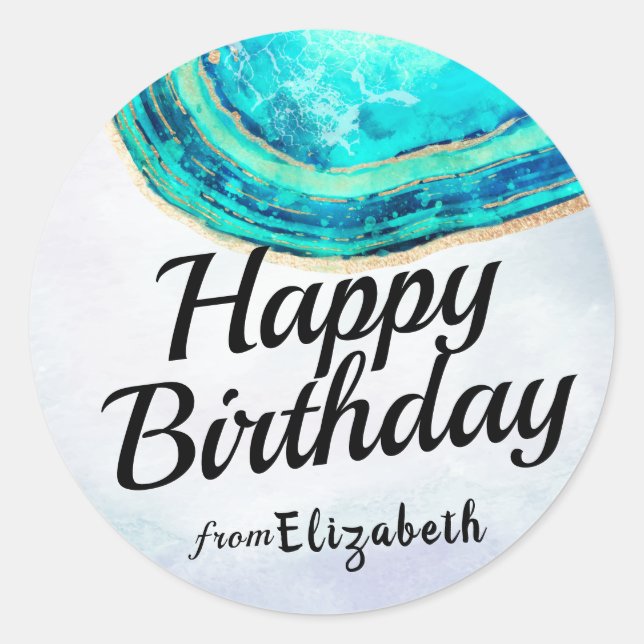 Happy Birthday Elegant Teal Gold Agate Geode Slice Classic Round Sticker (Front)