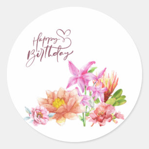 Happy Birthday Elegant Watercolor Floral Classic Round Sticker